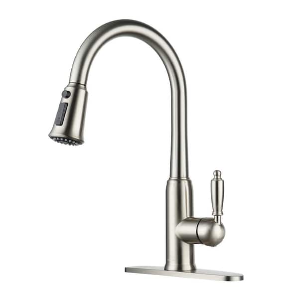 Boyel Living 3-Spray Patterns Single Handle Pull Down Sprayer Kitchen Faucet with Deckplate and Water Supply Hoses in Brushed Nickel