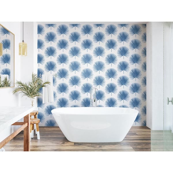 56 sq. ft. Coastal Blue Palm Fronds Unpasted Wallpaper Roll