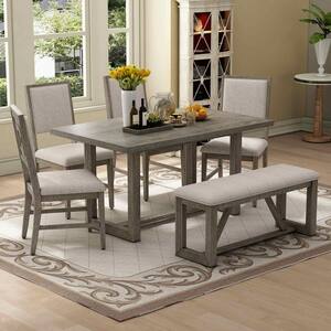 6-Piece Rectangle Gray Wood Top Dining Room Set Seats 6
