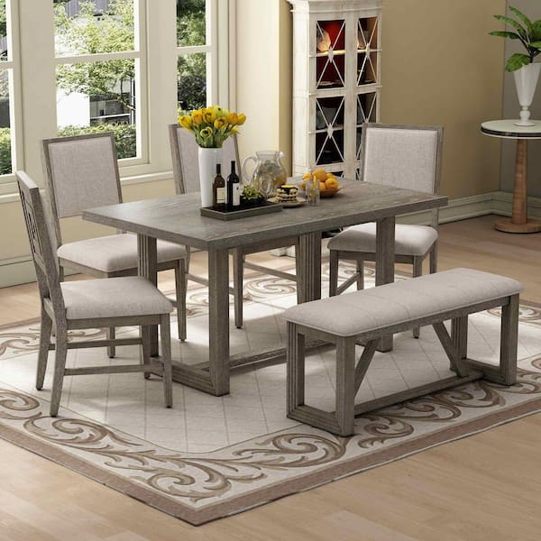 Polibi 6-Piece Rectangle Gray Wood Top Dining Room Set Seats 6 RS-15957 ...