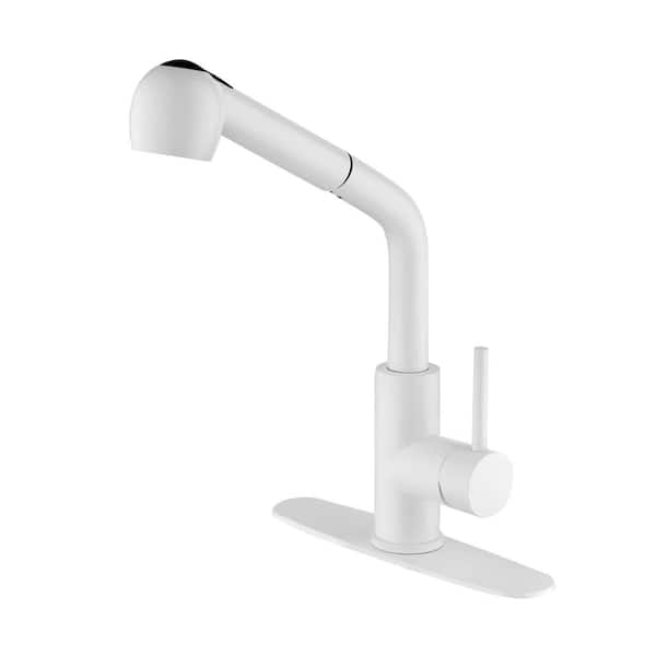 FLG Single Handle Pull Out Sprayer Kitchen Faucet Deckplate Included 304 Stainless Steel Kitchen Sink Faucets in White