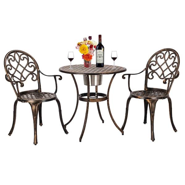 Karl home European Style 3-Piece Cast Aluminum Outdoor Bistro Set with Ice Bucket