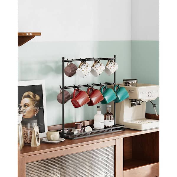 Black Iron Coffee Mug Holder, 14-Hook Mug Tree Rack for 14 Cups, 2 Tier Mug Display Stand with Heavy Duty Metal Base