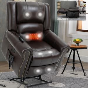 Brown Faux Leather Power Lift Recliner Chair Dual Motor Electric Reclining Chair with Heat Massage, USB Ports