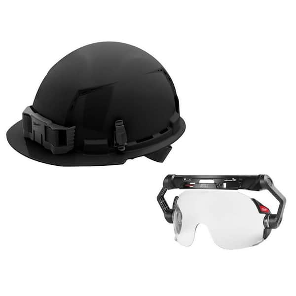 BOLT Black Type 1 Class C Front Brim Vented Hard Hat with 4 Point Ratcheting Suspension W/BOLT Clear Dual Coat Eye Visor