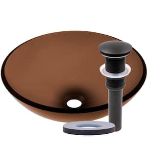 Ty Clear Brown Glass Round Vessel Sink with Drain in Oil Rubbed Bronze