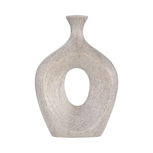 13 in. Silver Ceramic Beaded Oval Cut-Out Decorative Vase