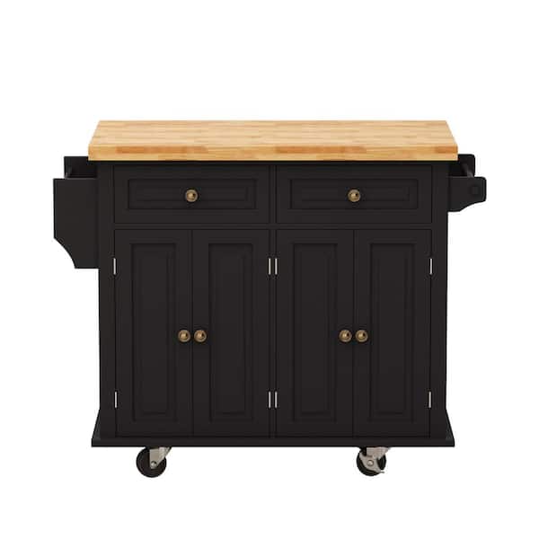 ANGELES HOME Black Wood 43 in. Kitchen Island with 2 Locking Wheels, 4 Door Cabinet and 2 Drawers, Spice Rack, Towel Rack