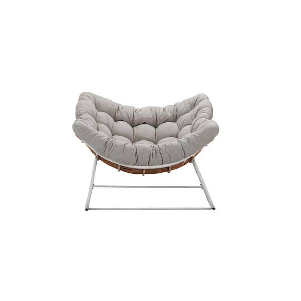 Unbranded White Wicker Outdoor Rocking Chair with Light Gray Cushions for Living Room, Front Porch, Patio
