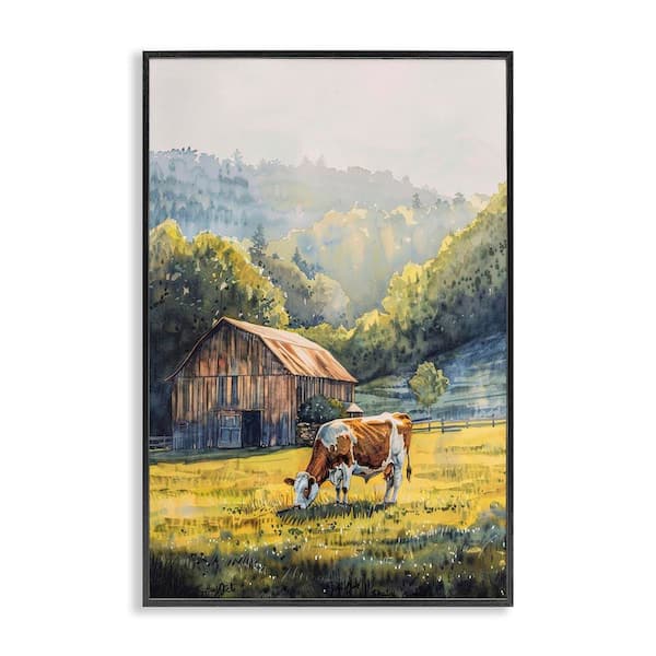 Stupell Industries Brown Spotted Cow Grazing by Franklyn Gregory Black Framed Nature Giclee Art Print 30 in. x 20 in.