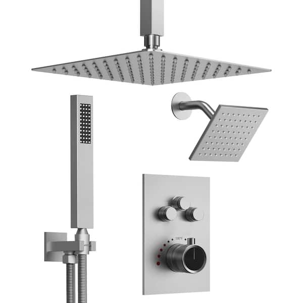 GRANDJOY His and Hers Showers 7-Spray 12 in. Thermostatic Cartridge Wall Bar Shower Kit in Brushed Nickel Valve Included