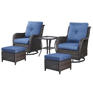 Brown 5-Piece Wicker Patio Conversation Deep Seating Set and Ottoman with Blue Cushions