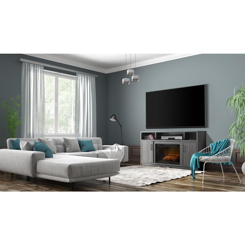 Brooklyn 60" Gray Oak TV Stand with Electric Fireplace