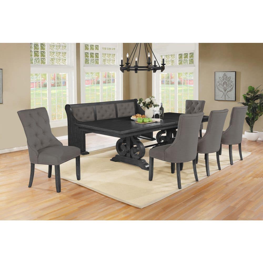 Dark Gray Wood Extendable Dining Set with Gray Linen Chairs and Bench