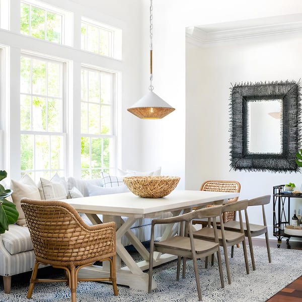 1-Light White Bohemian Island Pendant Light with Hemp Rope Shade