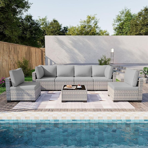 muphyers 7-Piece Wicker Outdoor Sectional Set Sofa Couch with Grey Cushions