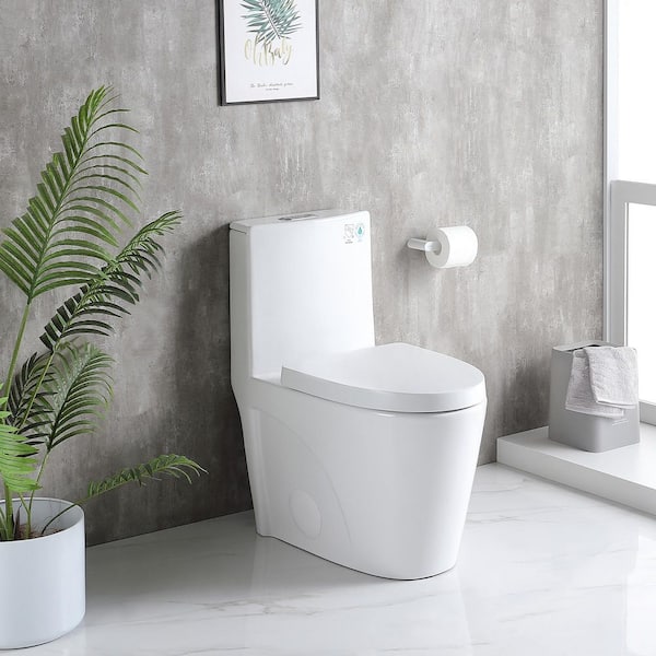 1.1/1.6 GPF Elongated Dual Flush 1-Piece Toilet in Glossy White with Soft Close Seat, Seat Included