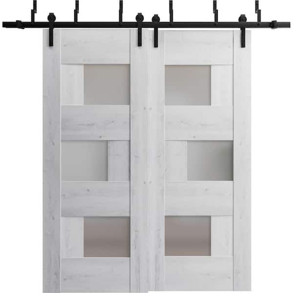 48 in. x 84 in. 2 Panel Frosted Glass Nordic White Wood Sliding Barn Door with Hardware Kit