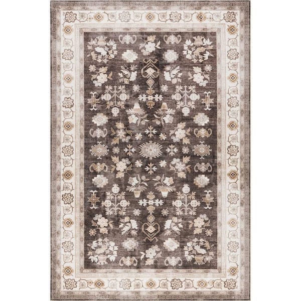 Dayflower Vintage Machine Washable Brown 8 ft. x 10 ft. Indoor/Outdoor Patio Rug