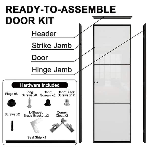 30 in. x 80 in. 3-Lite Frosted Glass Right Black Finished Aluminun Interior Door Slab+ Free Aluminun Jamb & Lockset