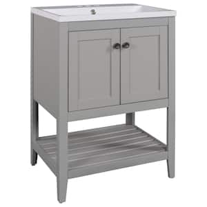 OSS 24 in. W x18 in. D x 33 in. H Girls Bathroom Vanity in Grey with Open Style Shelf and Pure White Ceramic Sink Top