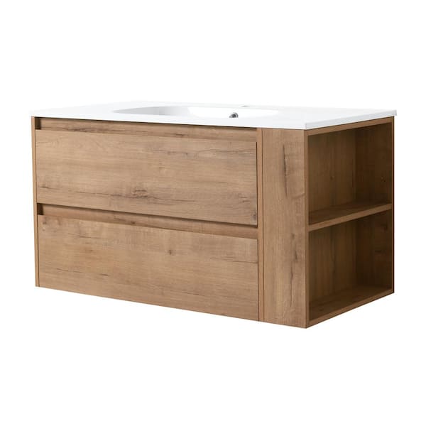 Unbranded 35.6 in. W x 18.1 in. D x 19.4 in. H Single Sink Floating Bath Vanity in Oak with White Acrylic Top, Adjust Open Shelf