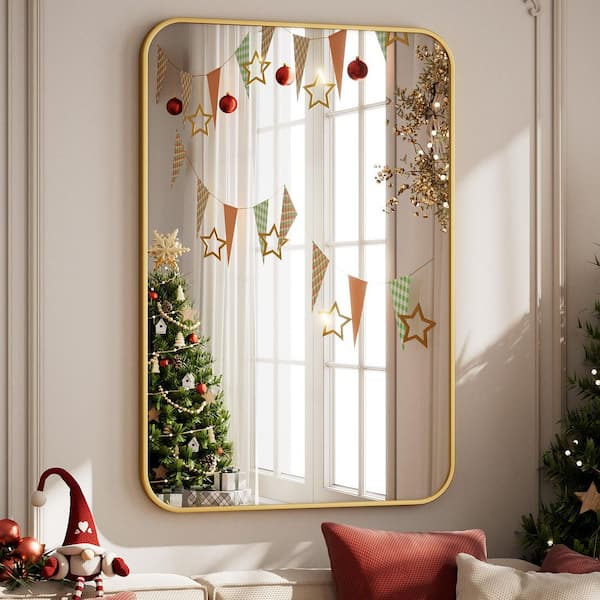 XRAMFY Rectangular Modern Gold Aluminum Framed Rounded Bathroom Mirror Wall Mirror 24 in. W x 35.8 in. H