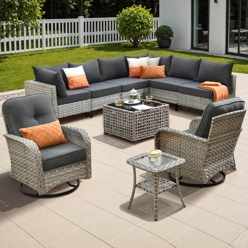 Vinceny Gray 10-Piece Wicker Patio Conversation Set with Black Cushions and Swivel Chairs price history on PriceWatchPro