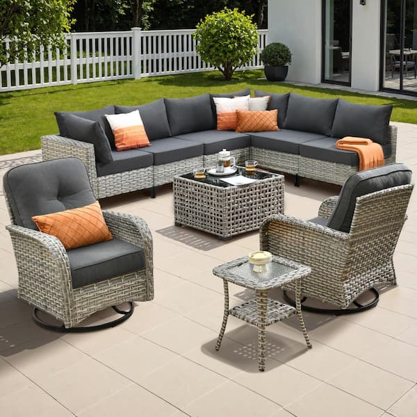 Vinceny Gray 10-Piece Wicker Patio Conversation Set with Black Cushions and Swivel Chairs