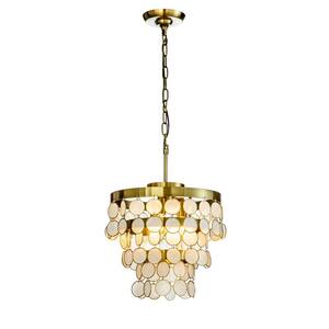 3-Light 13.8 in. Round Coastal Capiz Shells Tiered Antique Gold Chandelier With Natural Seashell