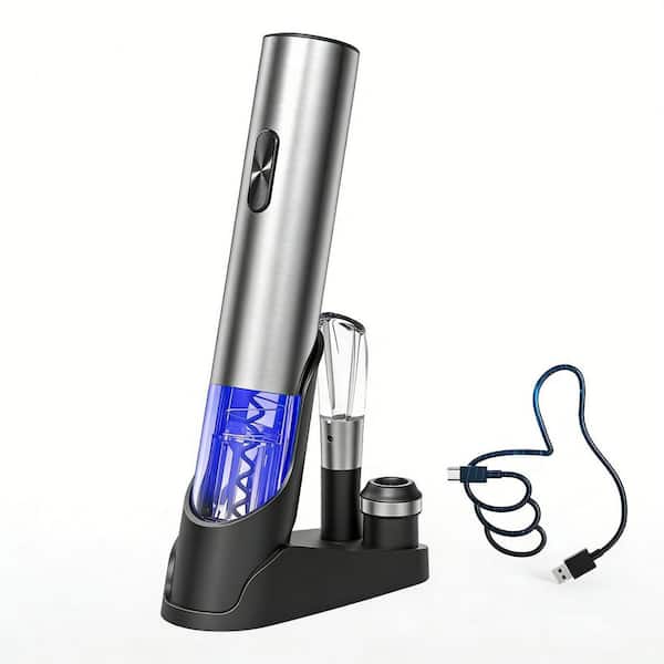 Silver Electric Wine Opener, 7-in-1 Wine Set with Vacuum Pump, Charging Base, Foil Cutter, Foil Cutter, Pourer, Stoppers