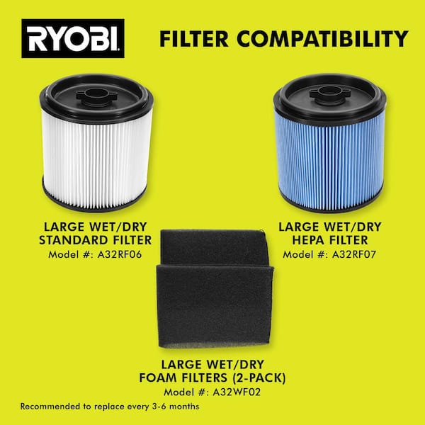 RYOBI ONE+ 18V Cordless 6 Gal. Wet Dry Vacuum Kit with 4.0 Ah Battery, 18V Charger, and Large Wet/Dry Foam Filters (2-Pack)