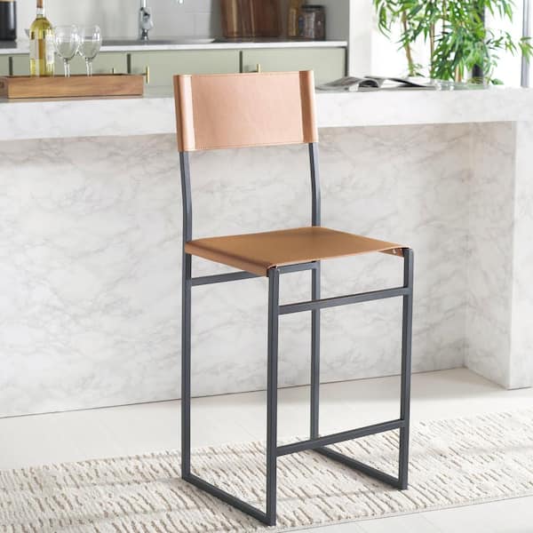 Layne 26 in. Cognac/Black High Back Metal Counter Stool with Fabric Seat