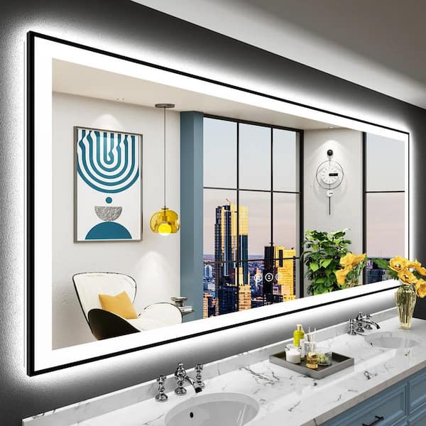 84 in. W x 40 in. H Rectangular Framed Front and Back LED Lighted Anti-Fog Wall Bathroom Vanity Mirror in Tempered Glass