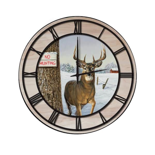 Unbranded "No Hunting" Woodgrain Accent and Black Numbers Imaged Wall Clock