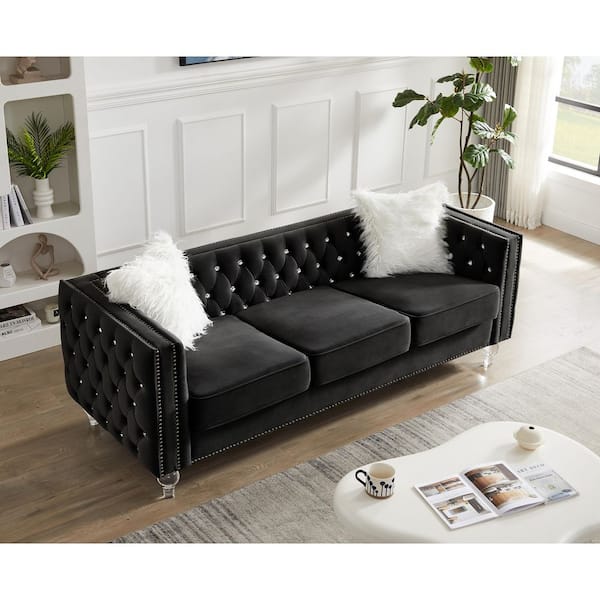 Mid-Century 83 in. Straight Arm Velvet Rectangle Adjustable Headrests Sofa in Black