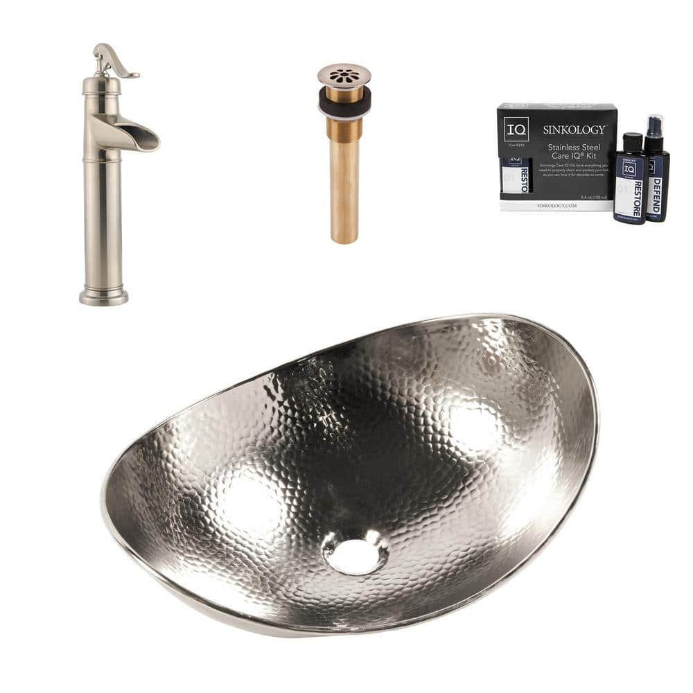 SINKOLOGY Confucius 16 Gauge 19 in. Nickel Vessel Bath Sink in Nickel with Ashfield Vessel Faucet Kit