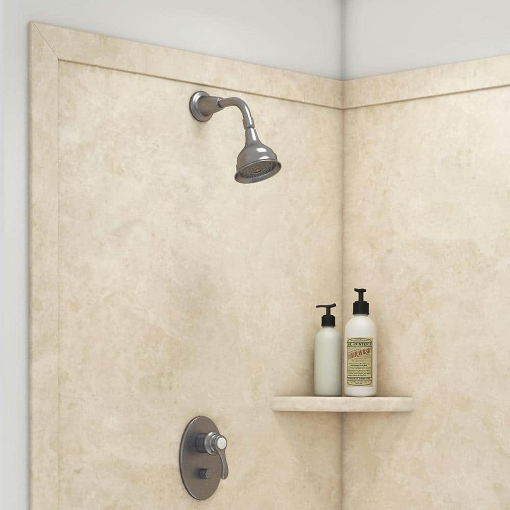 Splendor Creme Travertine Corner Shower Kit with Shelf