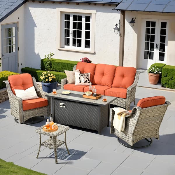 Toject Eureka 5-Piece Wicker Patio Conversation Sofa Seating Set with Metal Fire Pit Table and Red Cushions