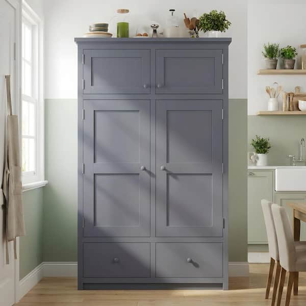 Gray Wood 46.5 in. x 74.8 in. Pantry Cabinet with 8 Door Shelves, 4 Pull-Out Trays, 6 Drawers