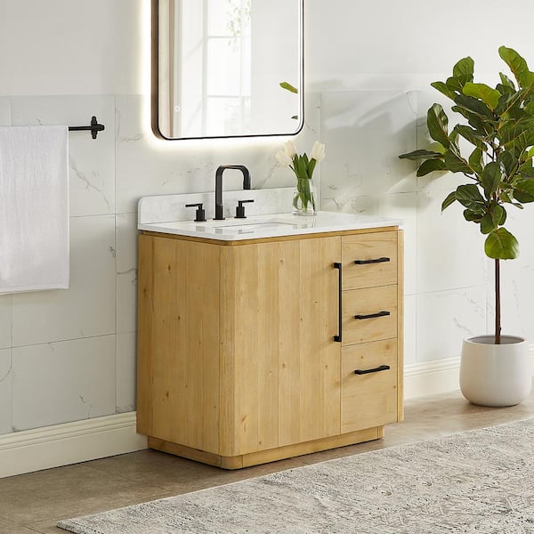 Serene 36 in. Single Freestanding Nature Brown Bath Vanity with Grain White Engineered Stone Top Assembled