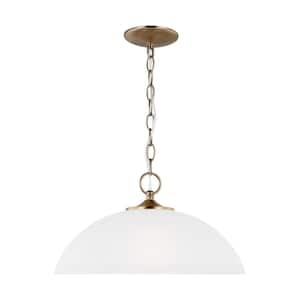 Geary 1-Light Satin Brass Shaded Hanging Ceiling Pendant with Satin Etched Glass Shade and LED Light Bulb