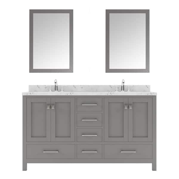 Virtu USA Caroline Avenue 60 in. W x 22 in. D x 35 in. H Double Sink Bath Vanity in Gray with Quartz Top and Mirror