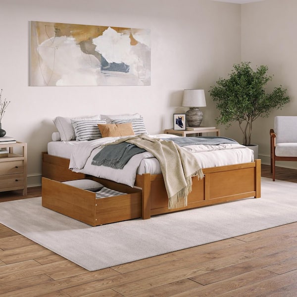 Concord Light Toffee Natural Bronze Solid Wood Frame Queen Platform Bed with Footboard and Storage Drawers