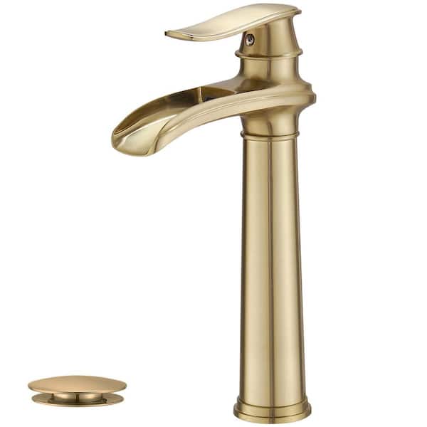 HOMEMYSTIQUE Single Handle Waterfall Vessel Sink Faucet with Pop-Up Drain and Brass Bathroom Faucet in Brushed Gold (Valve Included)