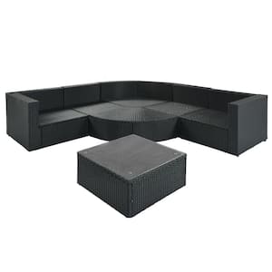 7-piece Black Wicker Outdoor Sofa Conversation Set with Green Pillows, Gray Cushions For Patio, Garden, Deck