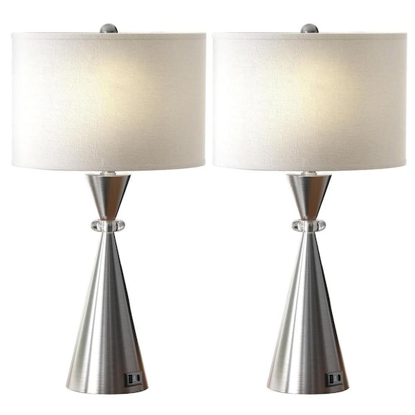 Rottogoon 26.5 in. Silver Brushed Nickel Table Lamp for Bedrooms 3 Way Dimmable with White Drum Shade 2 USB Port, 2 Bulbs Included