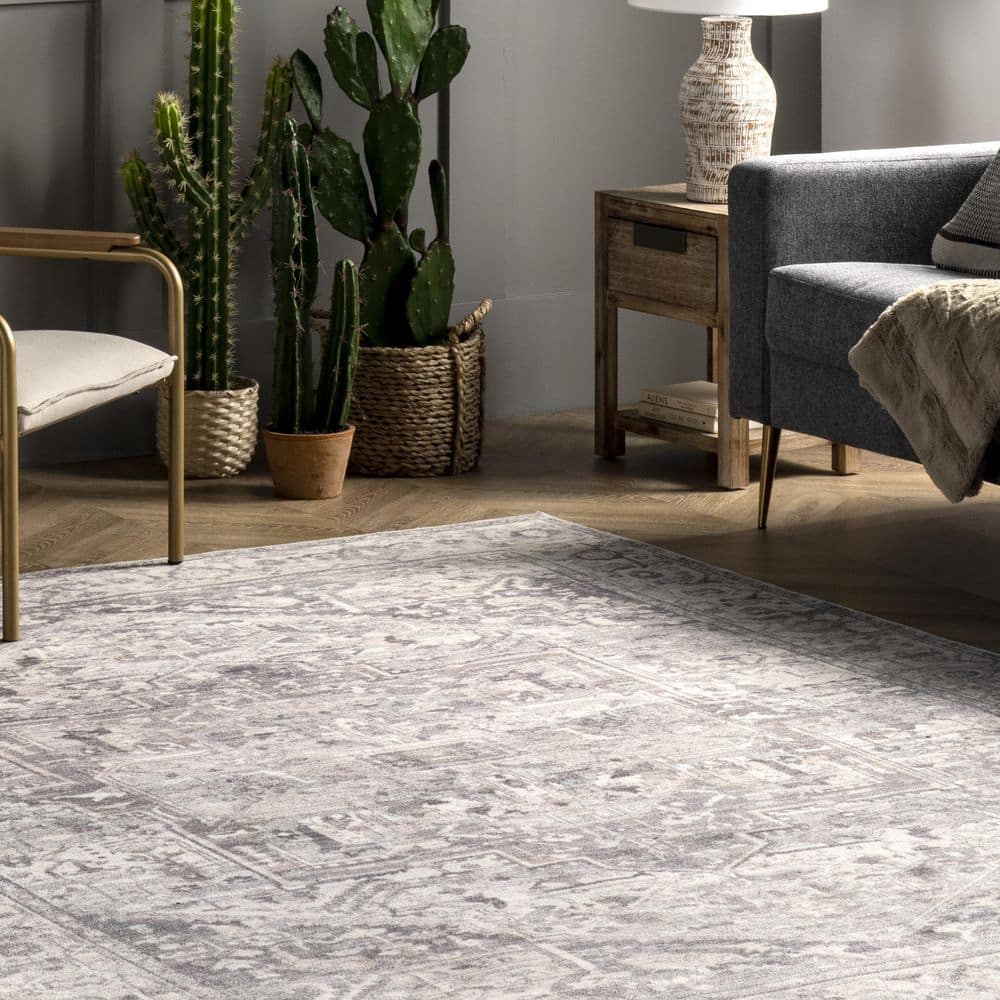 Gray Square Vintage Medallion Washable Area Rug