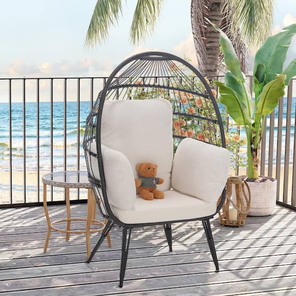 Unbranded 37 in. W Egg Chair Wicker Outdoor Indoor Oversized Large Lounger with White Stand Cushion