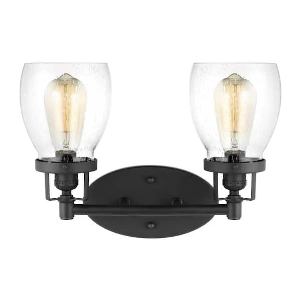 Belton 15 in. 2-Light Midnight Black Transitional Industrial Wall Bathroom Vanity Light with Clear Seeded Glass Shades